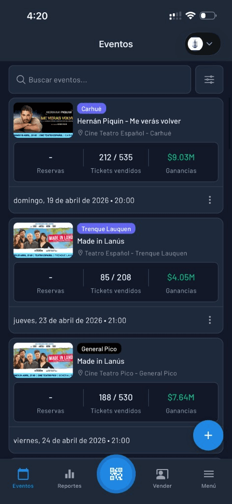Fanz mobile app — events list